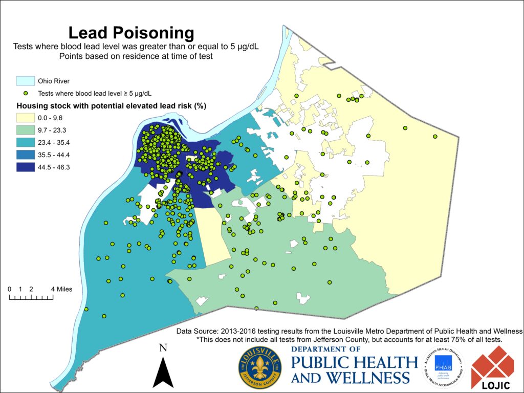 Lead poisoning concentration map from Louisville Department of Public Health.