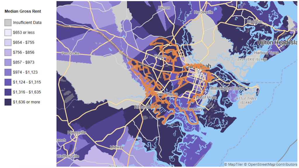Map of Savannah, GA, with neighborhoods color coded by median rent.