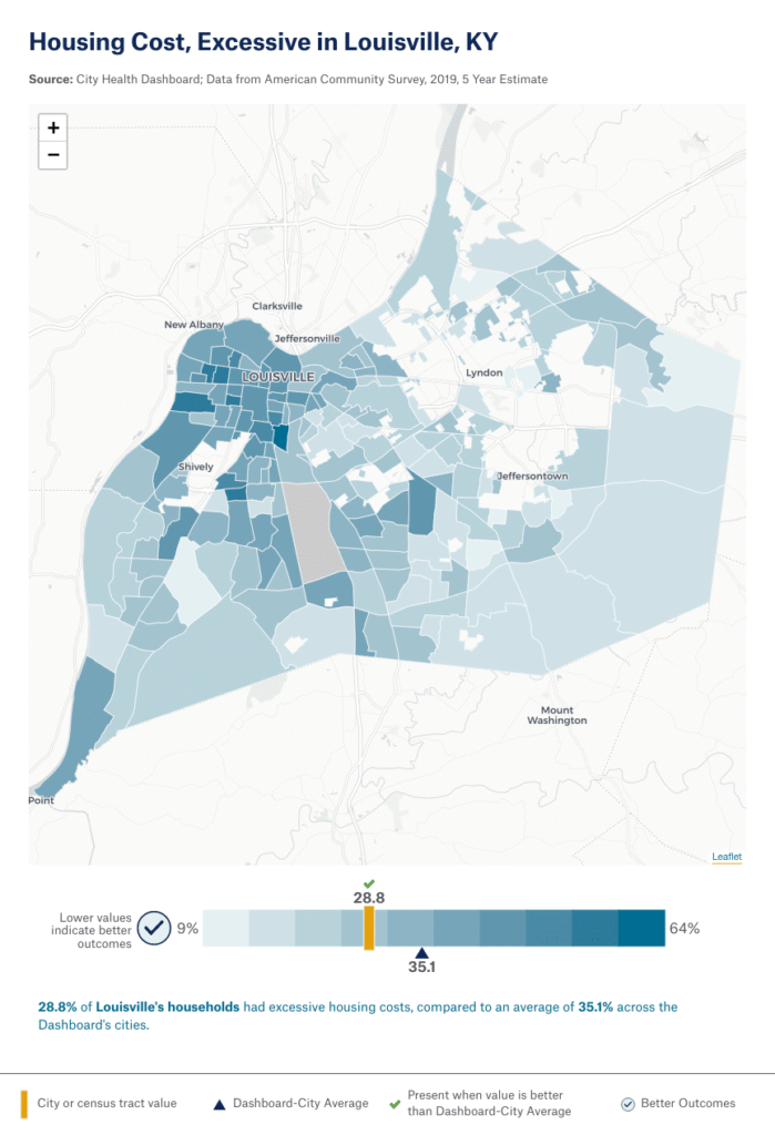 Map showing excessive housing cost by census tract in Louisville, KY